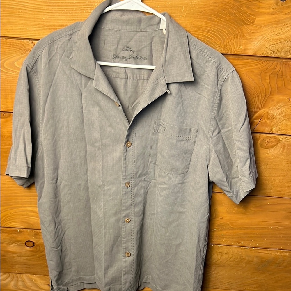 Tommy Bahama Silk Shirt Men's L Gray Short Sleeve Button Up Camp Beach Relaxed